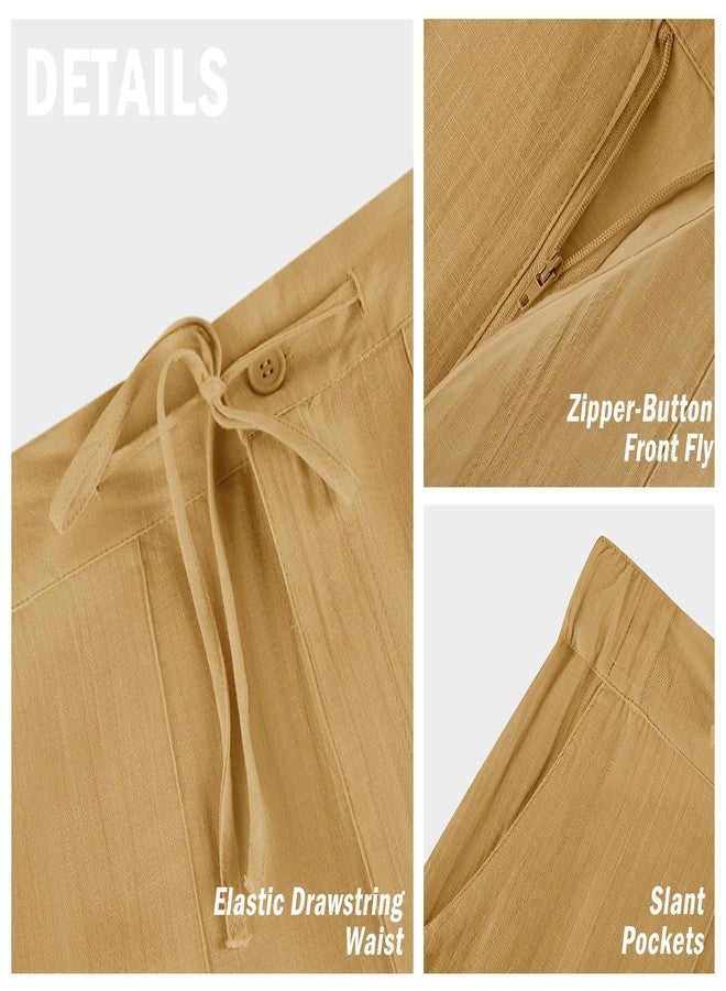 PASLTER Mens Casual Linen Pants Loose Fit Straight-Legs Elastic Drawstring Waist Summer Beach Yoga Long Pants A-Khaki - Image 5